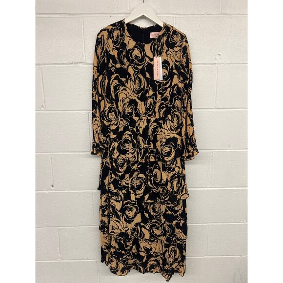 NWT Chico’s Black Label Sz6 Black Tan Floral Pleat Tiered Long Sleeve Midi Dress - Picture 2 of 4